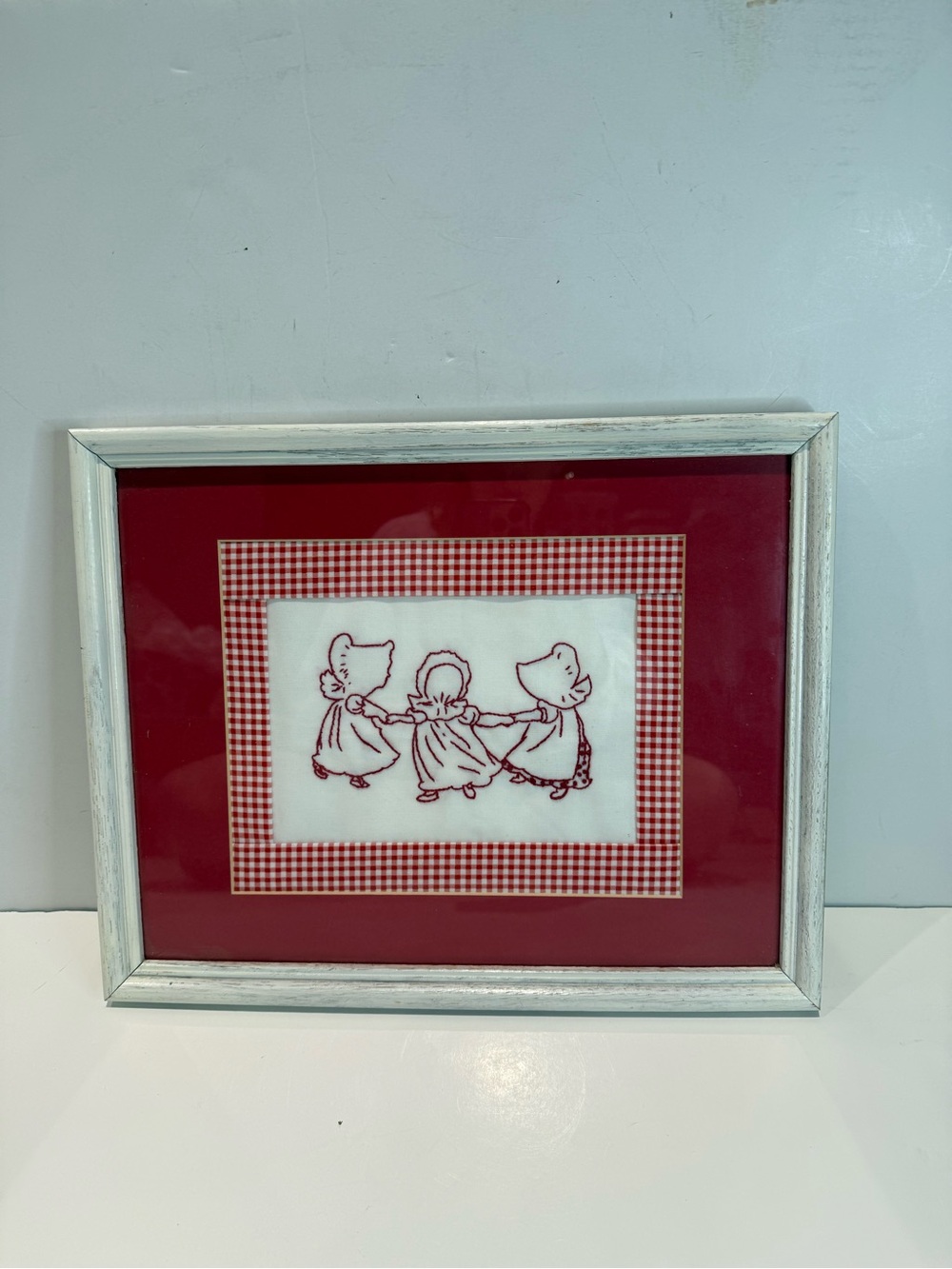 Vintage Sunbonnet Sue Hand Embroidered Framed Art Red Gingham Matted